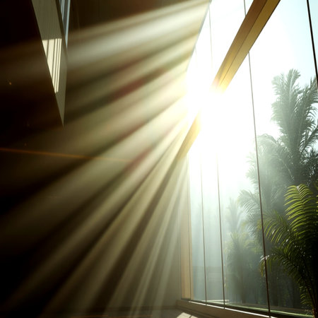 Sunlight shining through the window in a room with palm trees.