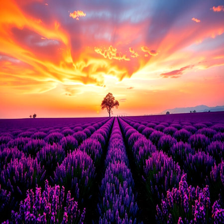 Lavender flower field at sunset in Valensole, Provence, France