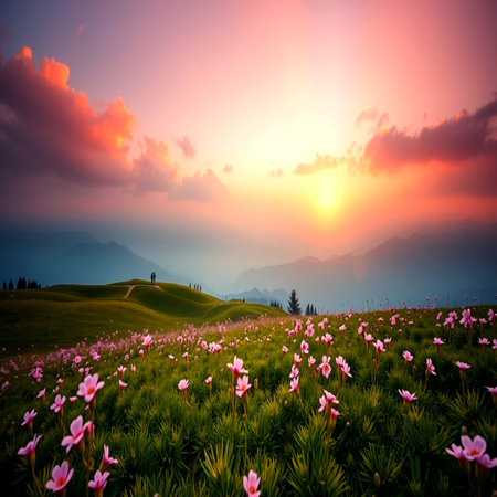 Mountain meadow with pink flowers at sunset. Beautiful summer landscape.