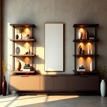 Interior of modern living room with brown wooden commode, bookshelf with decorative vases. 3d render