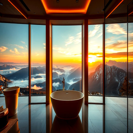 Bathroom with panoramic view of mountains at sunset.