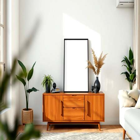 Mockup poster frame in interior background, 3D render illustration