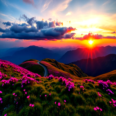 Beautiful sunset in the mountains. Colorful summer landscape with flowers.の写真素材