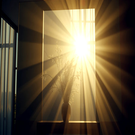 A vase with a flower stands on the windowsill. The rays of the sun shine through the window.