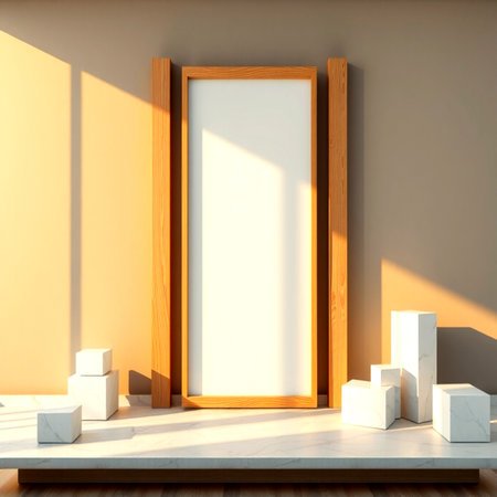 Minimalistic scene with empty frame on the wall. 3d render