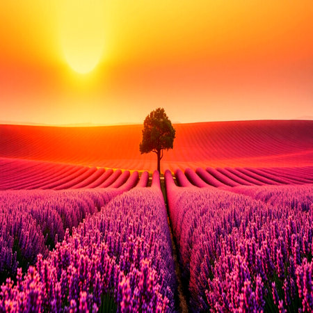 Lonely tree in lavender field at sunset. Provence, France