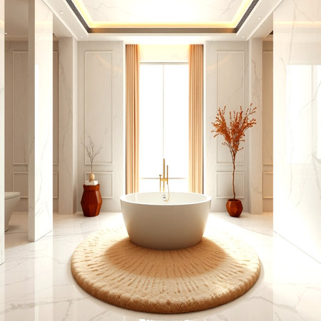 3d render of modern bathroom with white bathtub in the corner