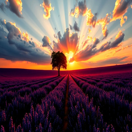 Lonely tree on lavender field at sunset. Beautiful landscape