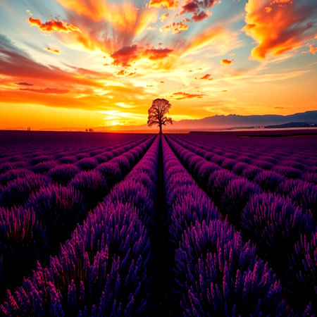 Lavender field with lonely tree at sunset, Provence, France