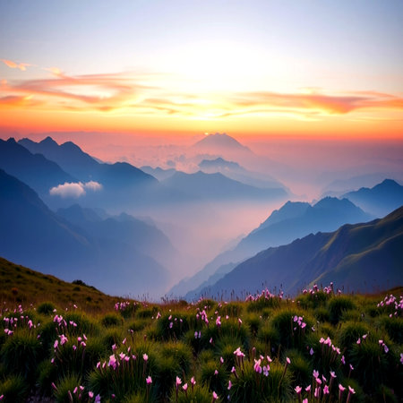 Mountain landscape with pink flowers at sunrise. Himalayas, Nepal