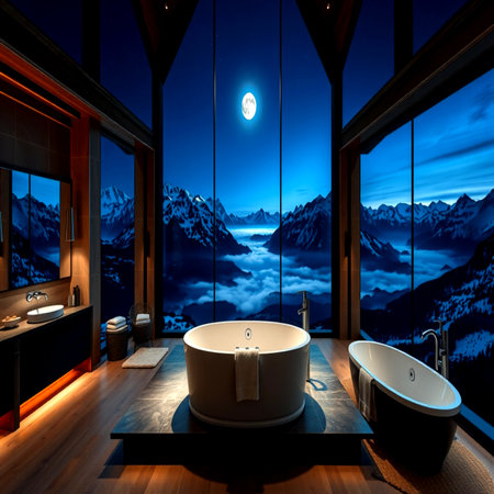 Interior of a modern bathroom with a panoramic view of the mountains