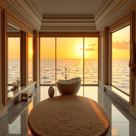 3D render of a Bathtub in a bathroom with a view of the sea