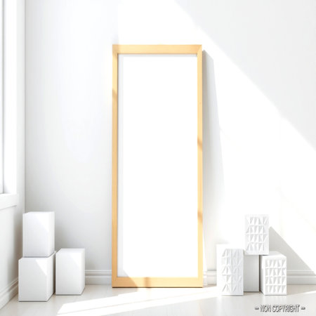 Blank picture frame on white wall. 3d rendering. Mock up.