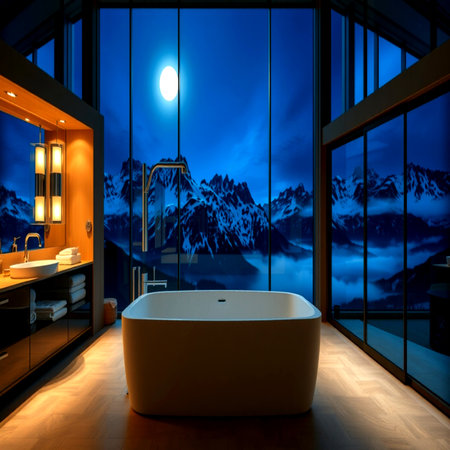 Bathroom interior with panoramic view of mountains at night