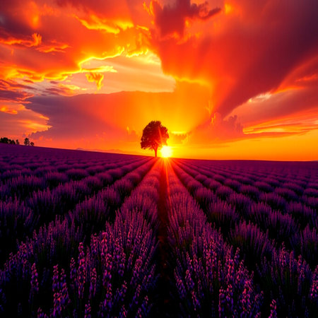 Sunset over lavender field in Valensole, Provence, Franceの写真素材