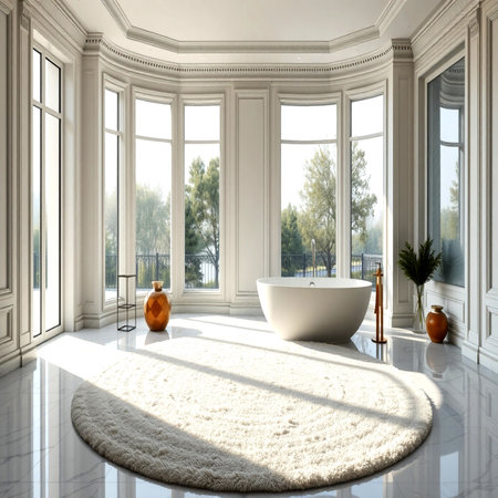 Bathroom interior with a large window. 3D rendering.