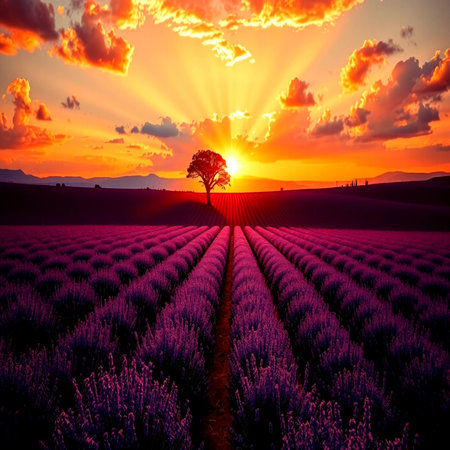 Sunset over lavender field in Provence, France.