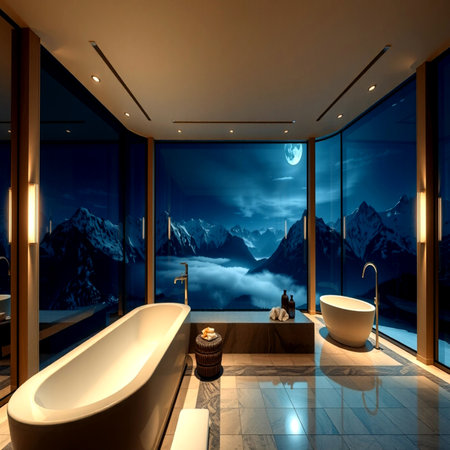 Bathroom interior design with panoramic view of the mountainsの写真素材