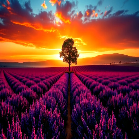 Lavender field with lonely tree at sunset in Provence, Franceの写真素材