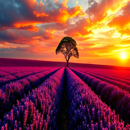 Lavender field and lonely tree at sunset. Nature composition.の写真素材