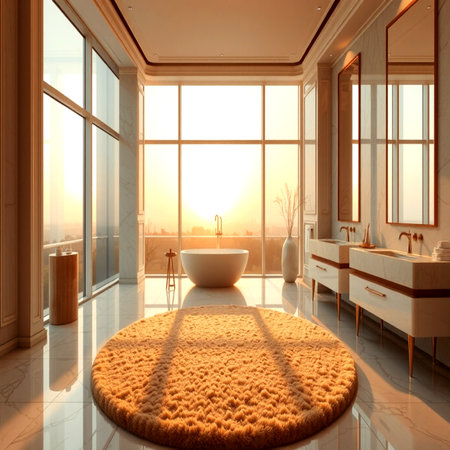 3d rendering of luxury bathroom with bathtub and window in the morningの写真素材