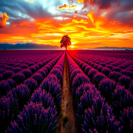 Lavender flower field at sunset in Provence, Franceの写真素材