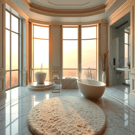 Bathroom interior design with white bathtub and large window. 3d renderの写真素材