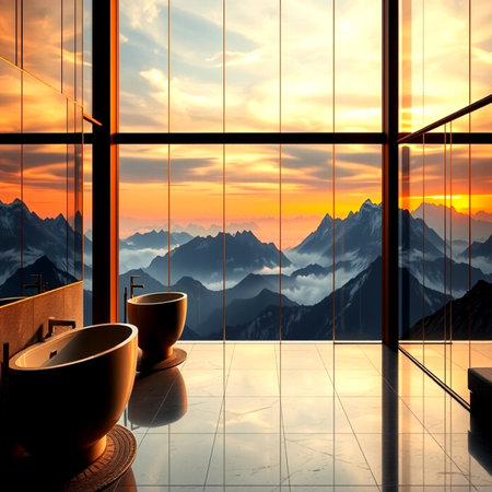Bathroom interior with panoramic view on mountains at sunsetの写真素材