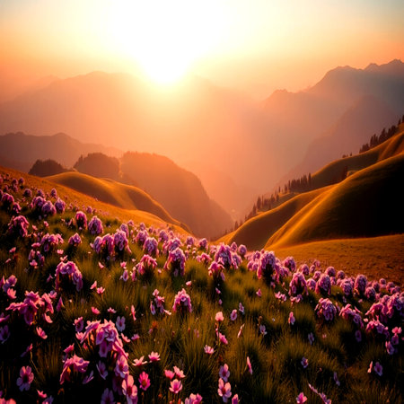 Sunset in the mountains with pink rhododendron flowersの写真素材