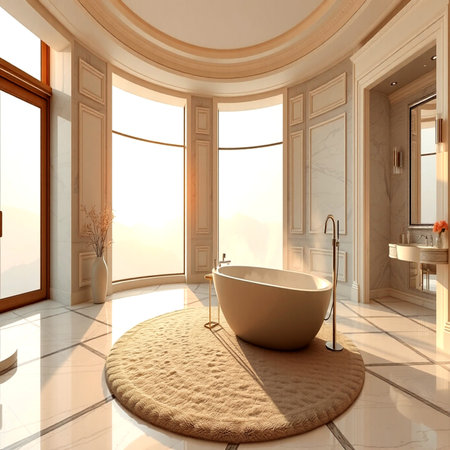 Bathroom interior with bathtub and carpet. 3d renderの写真素材