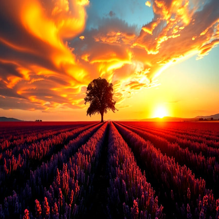 Lonely tree on lavender field at sunset. Tuscany, Italyの写真素材