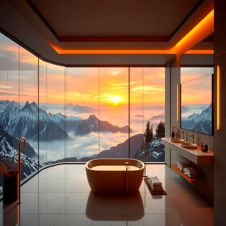 Bathroom interior with panoramic view of the mountains at sunset. 3d renderの写真素材