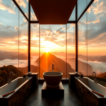 Bathroom interior with panoramic window overlooking the mountains at sunset.の写真素材