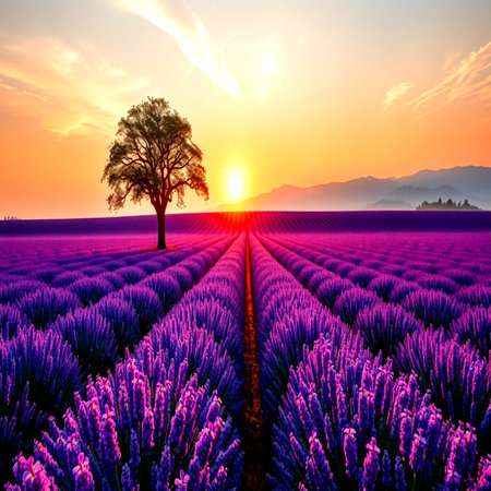 Lavender field at sunset in Provence, France.の写真素材
