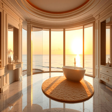 Luxury bathroom with white bathtub and sea view. 3d renderの写真素材