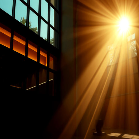 Sun rays through the window of a modern office building. Abstract background.の写真素材