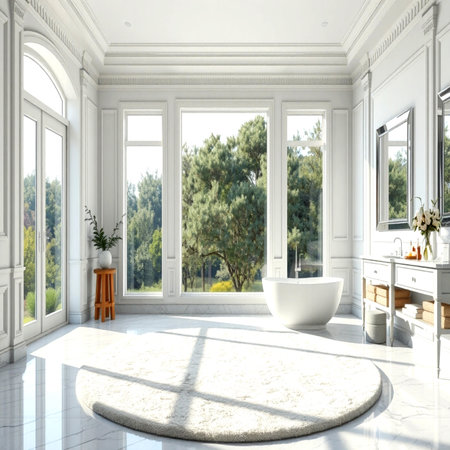 3d render of modern bathroom with white bathtub and window.の写真素材