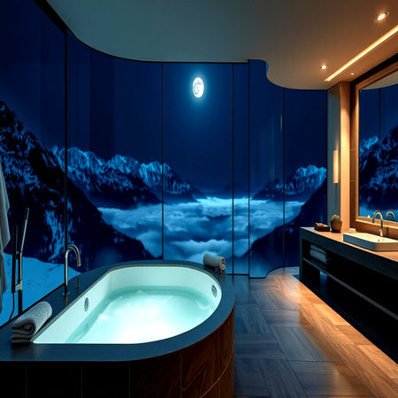 Bathroom with a view of the mountains. 3D renderingの写真素材