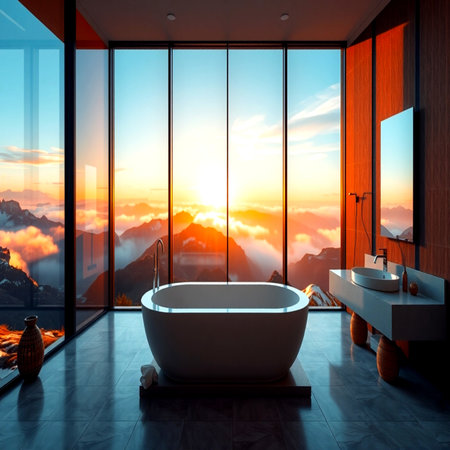 Bathroom interior with panoramic window overlooking the mountains at sunset. 3D Renderingの写真素材