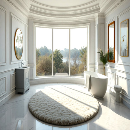 Bathroom interior with white bathtub and mirror. 3d renderの写真素材