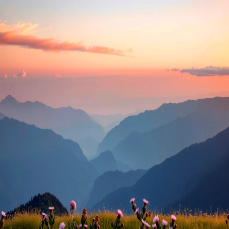 Mountain landscape at sunset. View from the top of the mountain.の写真素材