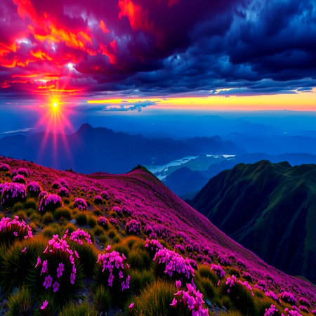 Colorful sunset in the mountains. Colorful summer landscape with flowers.の写真素材