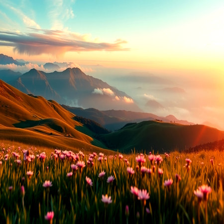 Sunset in the mountains. Colorful spring landscape with flowers.の写真素材