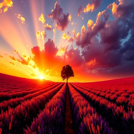 Lonely tree on lavender field at sunset. Tuscany, Italyの写真素材