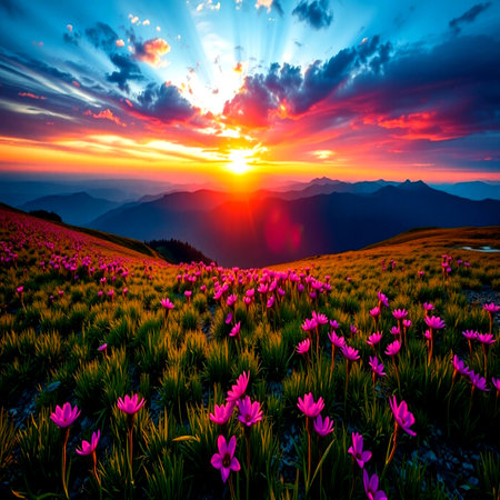 Majestic sunset in the mountains landscape. Composition of nature.の写真素材