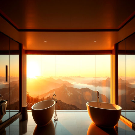 Interior of modern bathroom with panoramic windows overlooking the mountains at sunset. 3d renderingの写真素材