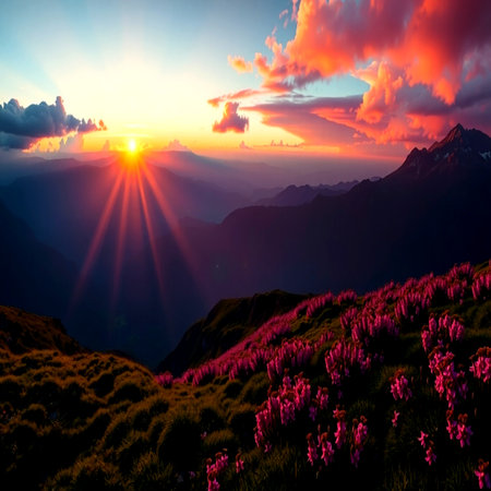 Sunset in the mountains with pink rhododendron flowersの写真素材