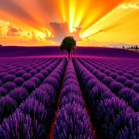 Lavender field at sunset in Provence, France.の写真素材