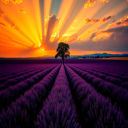 Sunset over lavender field in Valensole, Provence, Franceの写真素材