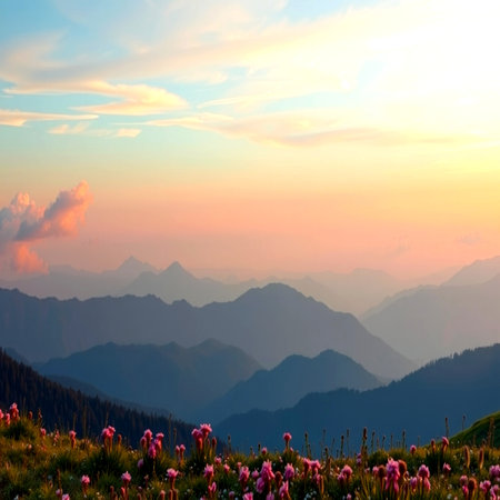 Sunset in the mountains with pink flowers blooming in the foregroundの写真素材